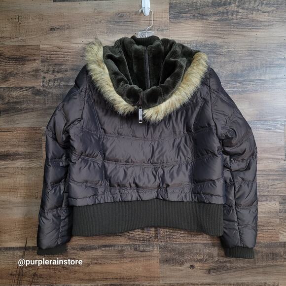 Vtg Y2K MIXIT Quilted Puffer Bomber Jacket Coat 1X Faux Fur Hood Brown Aviator - Picture 2 of 11